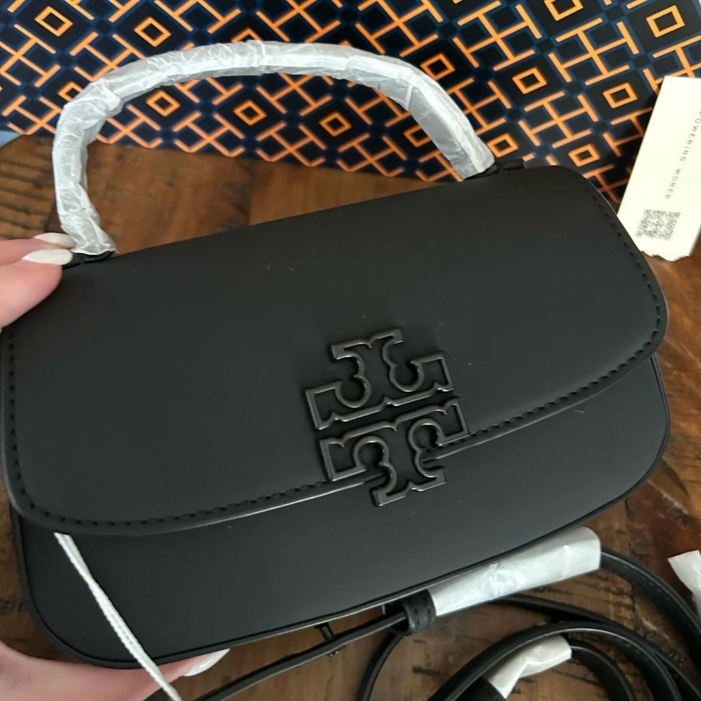 Tory Burch Britten Matte Mini Top Handle Crossbody Bag Black Silver - Picture 7 of 15